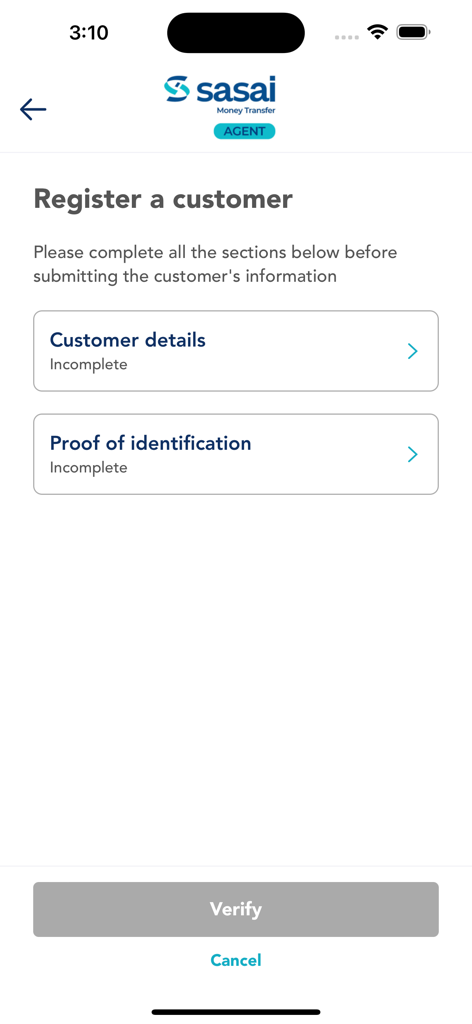 Sasai Money Transfer Agent App - Sasai Money Transfer Agent app screen for customer registration including details and identity verification sections