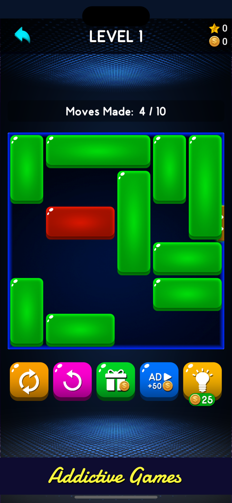 Q Block: Unblock Puzzle Board - Jogo do Q Block Quebra-cabeça de Blocos Deslizantes mostrando o nível um com um bloco vermelho e blocos verdes.