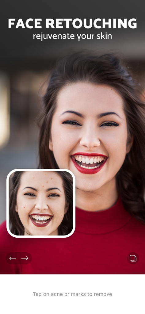 Pixl: Face & Red Eye Corrector - Face retouching feature in Pixl app showing acne removal on a woman's portrait