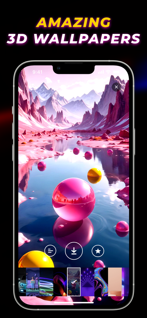 Live Wallpaper Maker 4K - Live Wallpaper Maker 4K app showing an aesthetic 3D landscape wallpaper with pink mountains and spheres on an iPhone