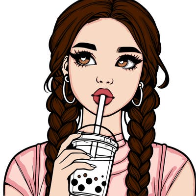 realistic girl with braided hair drinking boba