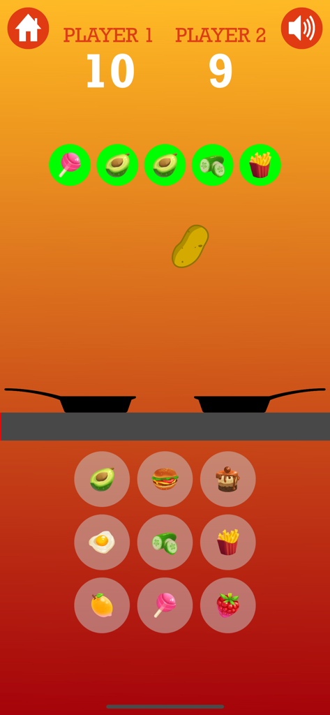 Pantalla del Juego de la Papa Caliente que muestra las puntuaciones de dos jugadores y un desafío de combinación de patrones con iconos de comida