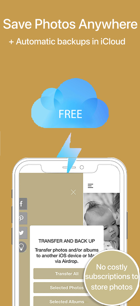 Écran de smartphone montrant les options de transfert et de sauvegarde de photos avec l'intégration iCloud gratuite et sans frais d'abonnement