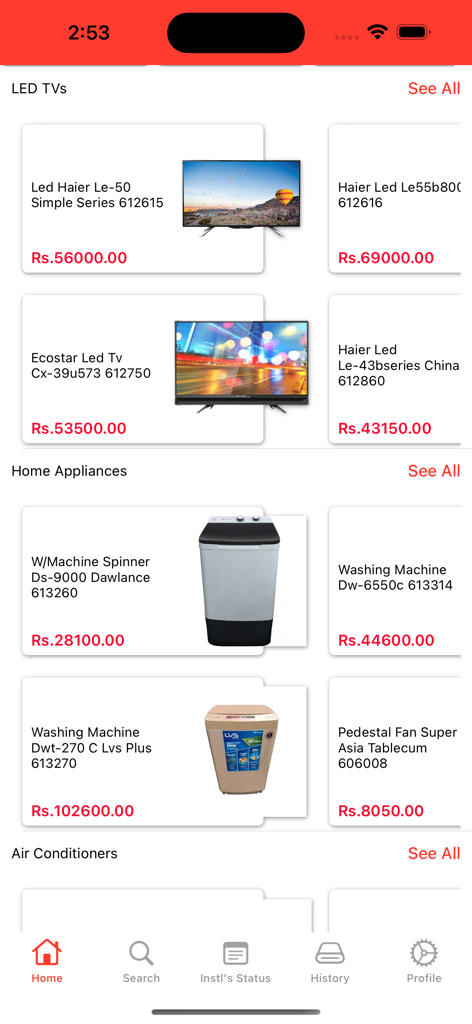 CSD Hire Purchase app home screen showing product categories for electronics and home appliances with pricing