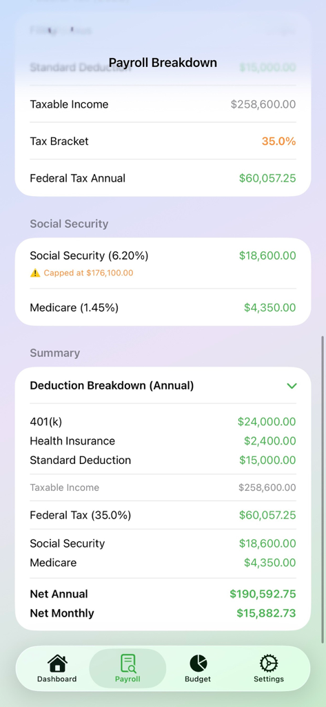 PaySense - Un résumé détaillé de la paie annuelle dans l'application PaySense montrant le revenu imposable, les déductions fiscales fédérales et le salaire net mensuel.
