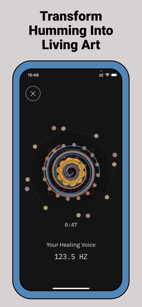 Harmonic Echo app interface showing a spiral geometric pattern generated by humming