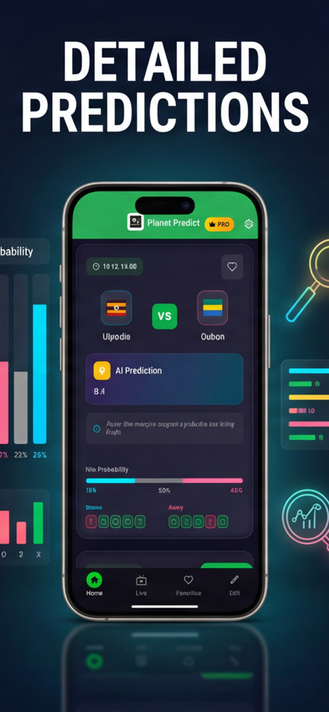 Live Scores & Predictions - PlanetPredict App-Oberfläche mit detaillierten Fußballspielvorhersagen und Gewinnwahrscheinlichkeitsanalysen.