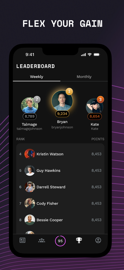 Don't Die - Bryan Johnson - Leaderboard in the Don't Die app displaying top ranked users and their longevity scores