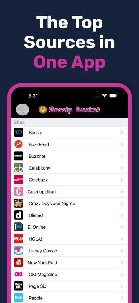 Gossip Bucket Celebrity News - Smartphone screen showing the Gossip Bucket app with a list of top celebrity news sources like BuzzFeed and People