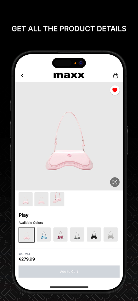 Página de producto de la app de moda Maxx Group que muestra un bolso de diseñador rosa con precio y selección de color.