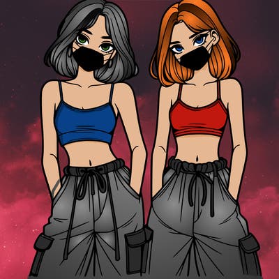 two girls with crop top with baggy pants