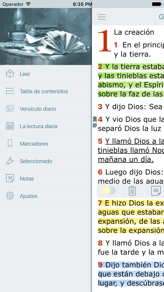 Side menu and highlighted scripture in the Reina Valera Spanish Bible app