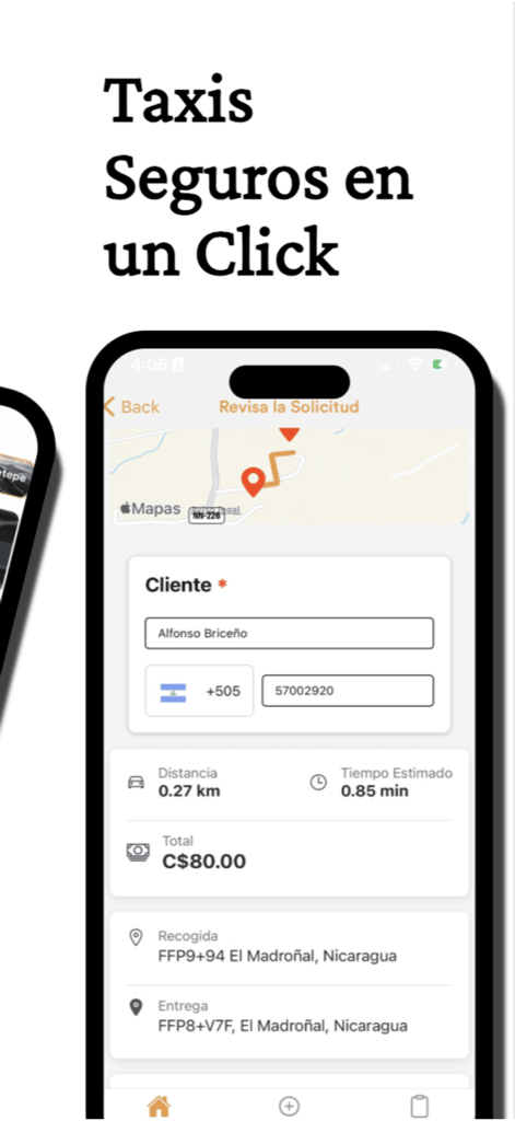 Speedy Delivery: Pide Online - Interfaz de la aplicación Speedy Delivery para reservar un taxi seguro en León Nicaragua mostrando detalles del viaje y costo estimado