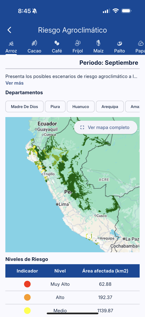 SENAMHI PERU Móvil - Agroclimatic risk assessment screen showing a map of Peru and risk levels for various crops