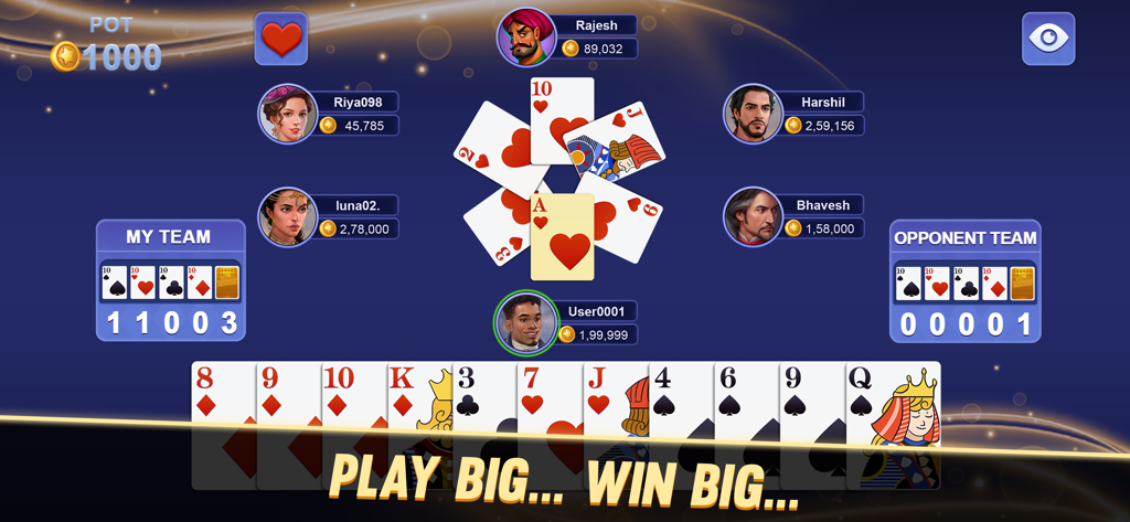 Jugabilidad del juego de cartas Mindi mostrando las puntuaciones del equipo y los avatares de los jugadores durante una partida