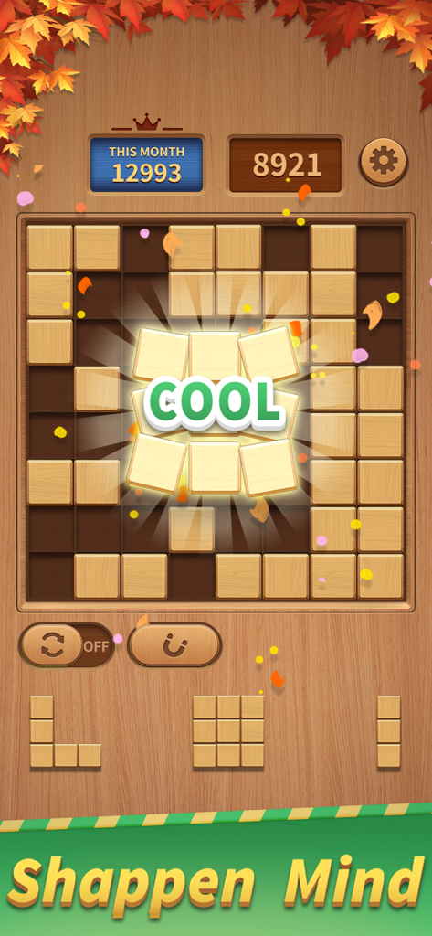 Bildschirm eines Holzblock-Puzzle-Spiels, der einen erfolgreichen Zug mit dem Wort "Cool" und einem hohen Punktestand zeigt