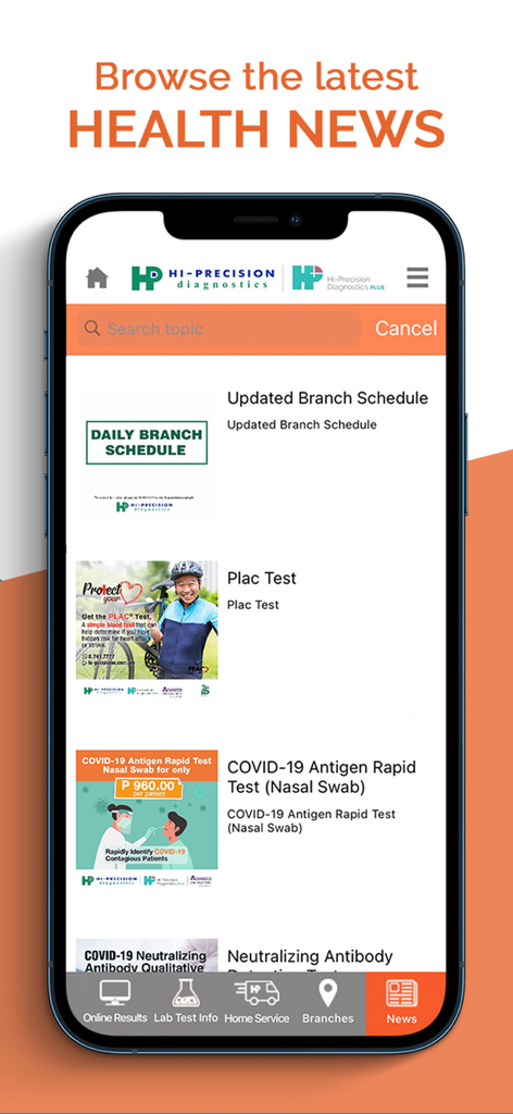 Hi-Precision - Hi-Precision app news feed showing branch schedules and medical test updates