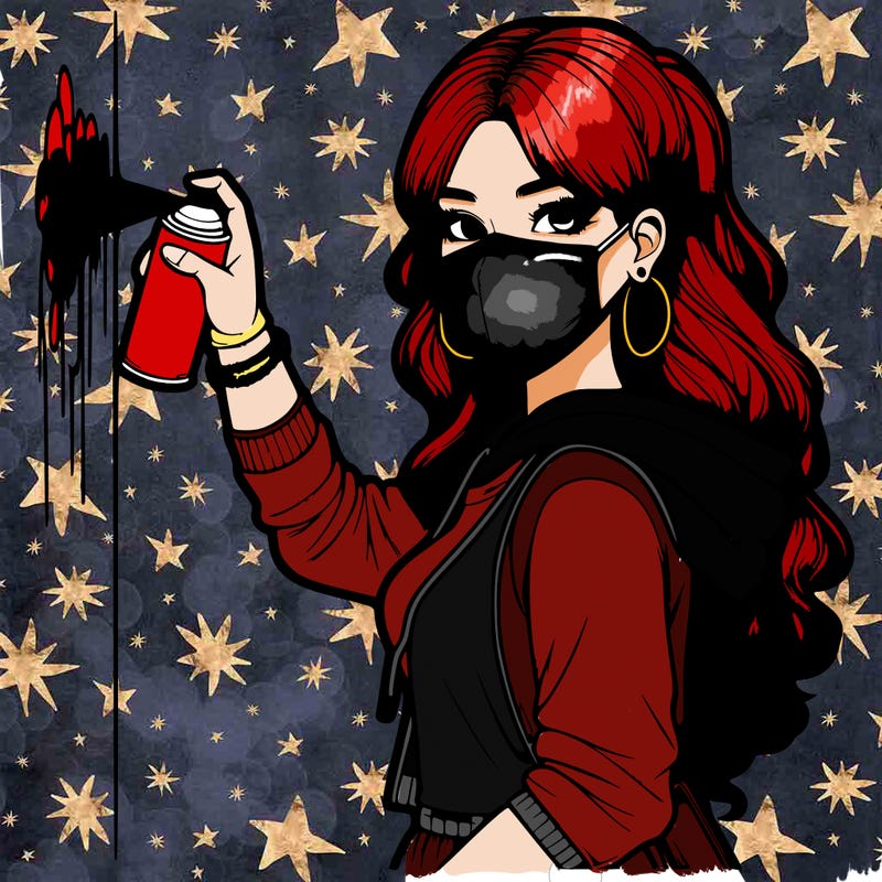 realistic girl with mask spray painting a wall