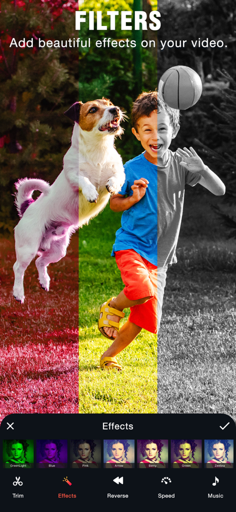 Interface do aplicativo VidReverse mostrando uma tela dividida com diferentes filtros de cores aplicados a um vídeo de um menino brincando com um cachorro