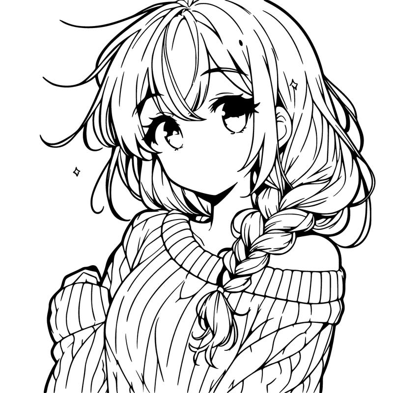 anime cute girl with hair in loose side braid and a sweater off on one shoulder
