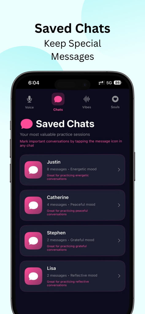 Chimi chat - A smartphone screen displaying the Saved Chats section of the Chimi Chat app showing a list of practiced conversations categorized by different moods.