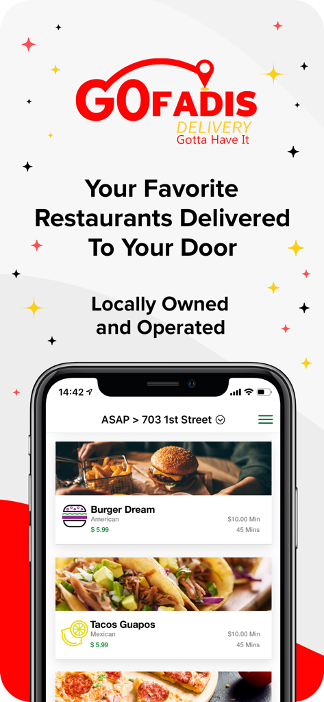 Gofadis food delivery app interface showing local restaurant options in the Bahamas