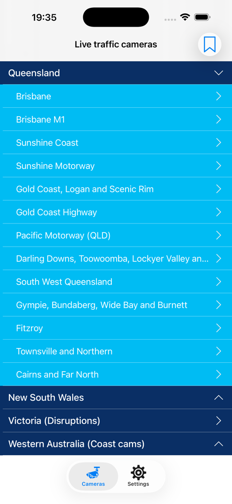 App interface showing a list of live traffic camera regions in Australia with the Queensland section expanded