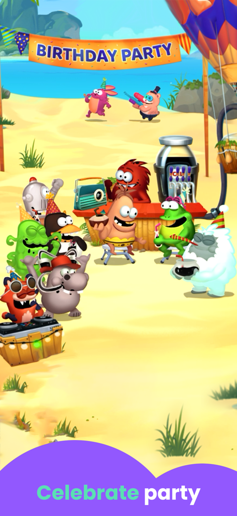 Party Games: for Kids - Cartoon monsters and characters celebrating at a beach birthday party in a learning game for kids