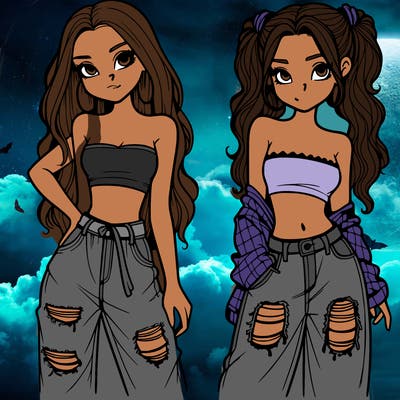 2 girls in crop tops and baggy jeans ripped