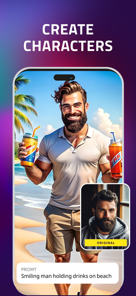 IMGIT - AI Images & Headshots - Captura de pantalla de la aplicación IMGIT mostrando la función de creación de personajes con un hombre generado por IA sosteniendo bebidas en una playa
