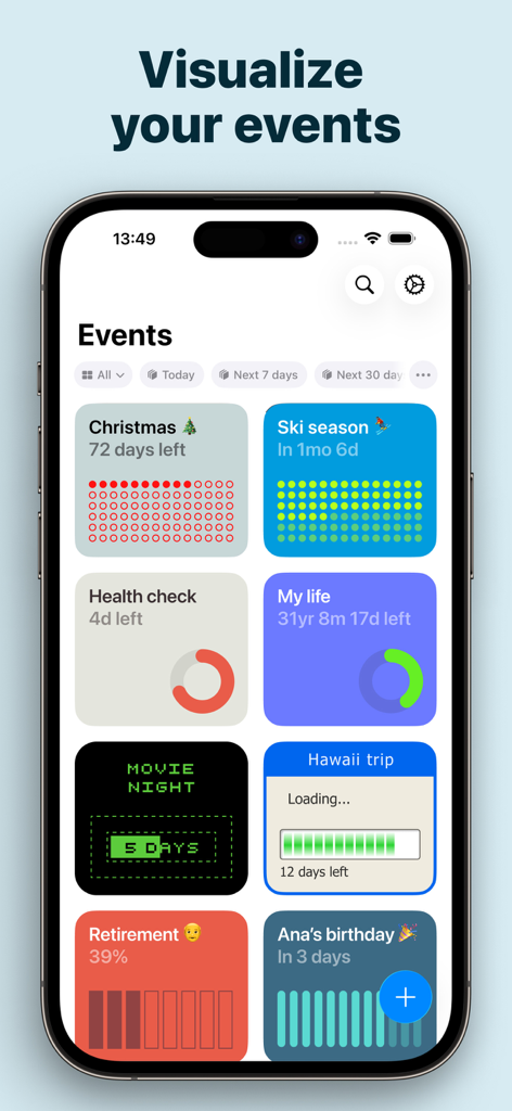 Countdown - Pretty Progress - A colorful dashboard of various countdown widgets in the Pretty Progress app showing events like Christmas, Hawaii trip, and birthdays.