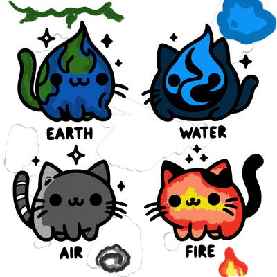 4 cats that represent the different elements, earth, water, air, and fire