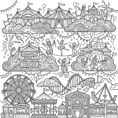 Dive into the joyous chaos of a carnival brought to life amidst fantastical stratus clouds. This intricate coloring page invites you to imagine a world where circus performers, thrilling rides, and fairground delights float in a sky of wonder.