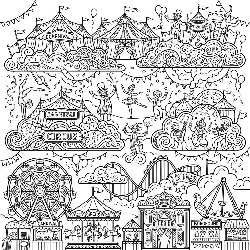 Dive into the joyous chaos of a carnival brought to life amidst fantastical stratus clouds. This intricate coloring page invites you to imagine a world where circus performers, thrilling rides, and fairground delights float in a sky of wonder.