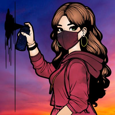 realistic girl with mask spray painting a wall