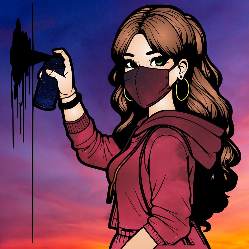 realistic girl with mask spray painting a wall