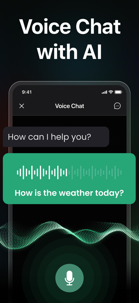 AI Chat: AI Assistant - Mobile app screen showing a voice chat interaction with AI asking about the weather.
