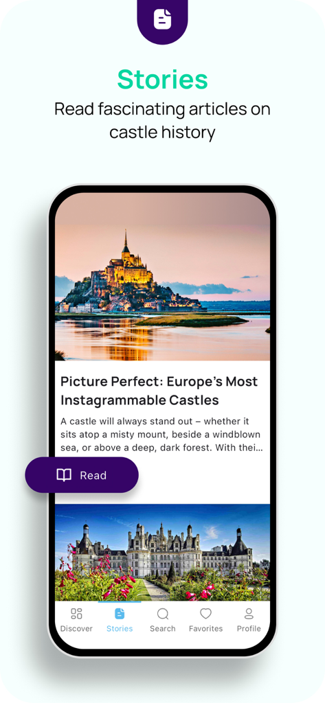 Castle.Tips-beautiful Castles! - A smartphone screen displaying the Stories section of the Castle Tips app with historical articles and beautiful castle photography.