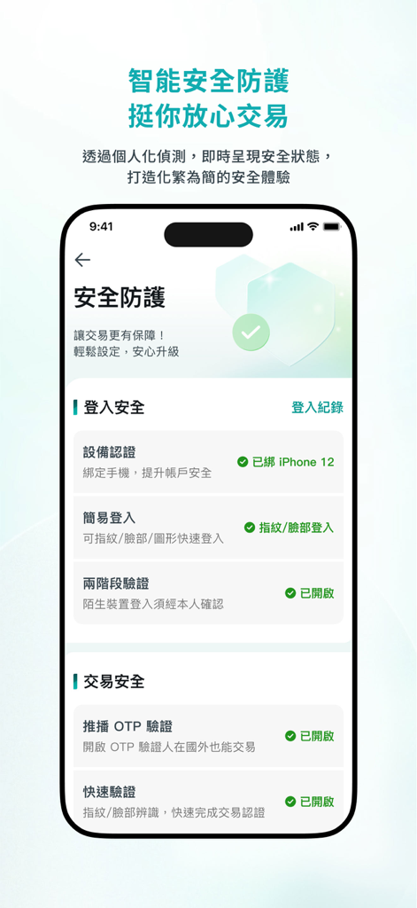 CTBC Bank app security settings screen featuring biometric login and two-factor authentication options.
