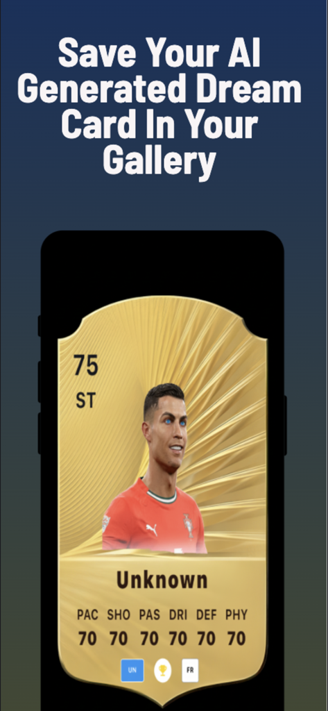 FC 26 Ai Card Generator - A mobile app screen showing a custom gold FC 26 player card and instructions to save it to the gallery.