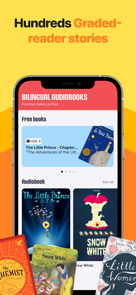 Sensei: Learn Japanese JLPT - Sensei-App-Bildschirm, der eine Sammlung zweisprachiger Hörbücher und Lesehefte zum Japanischlernen zeigt.