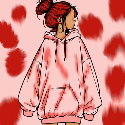 realistic girl with a oversized sweatshirt on and a bun