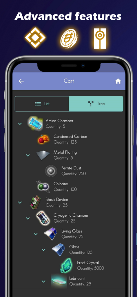 Assistant for No Man's Sky - A mobile screen showing the crafting tree and resource list for items in the Assistant for No Mans Sky app.
