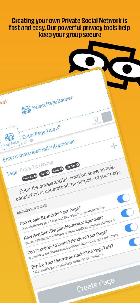 개인 정보 설정 및 태그가 있는 비공개 소셜 네트워크 페이지 생성 과정을 보여주는 DatChat 앱의 인터페이스