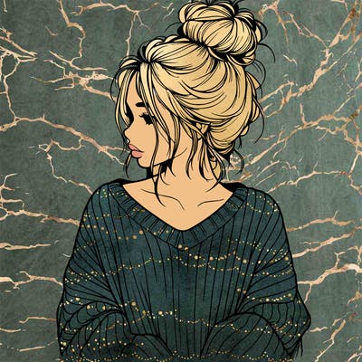 realistic girl wearing a messy bun and an oversized sweater