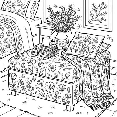 Welcome the season of renewal with this charming coloring page featuring a cozy bedroom ottoman adorned with spring florals. Discover a delightful scene perfect for relaxing and expressing your creativity.