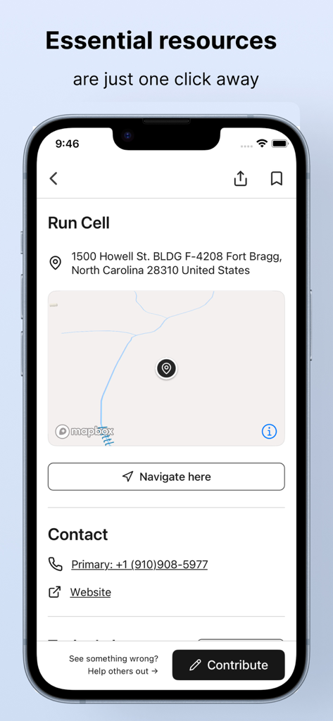 MyArmyPost App-Bildschirm mit Facility-Details, einschließlich einer Karte, Gebäudenummer und Navigationsschaltfläche für Fort Bragg
