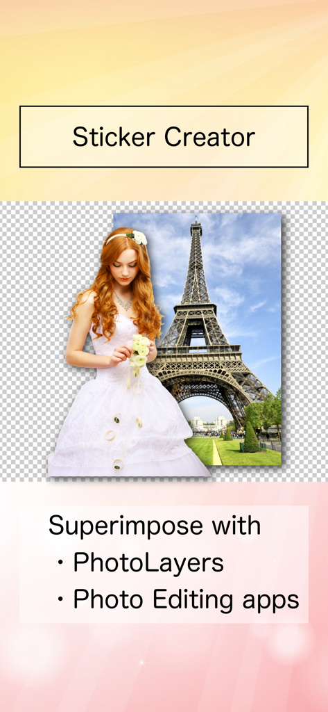 Background Eraser 〜 Stickers - A cutout image of a woman in a wedding dress superimposed over a background photo of the Eiffel Tower