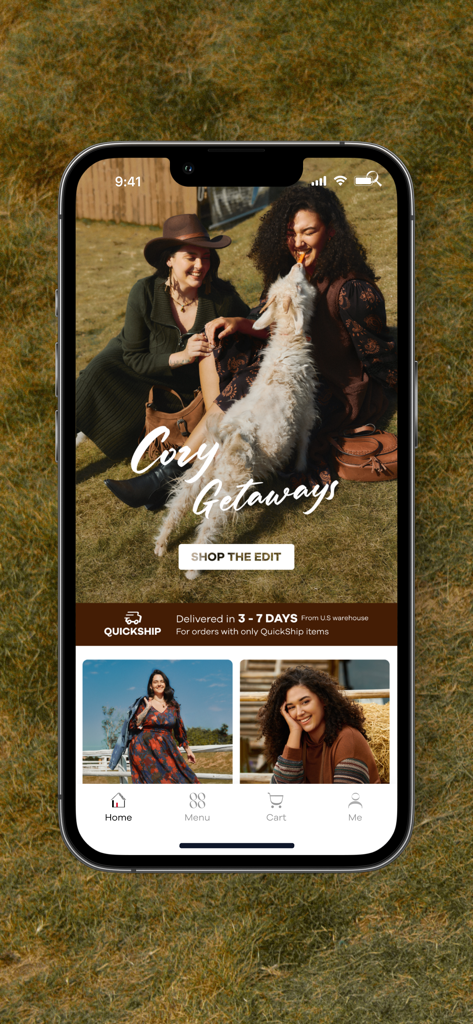 BloomChic mobile app interface showing plus size fashion collections and quick shipping