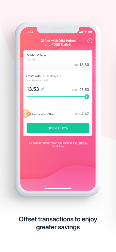 DBS PayLah! - DBS PayLah app interface showing a user offsetting a transaction cost using reward points for savings